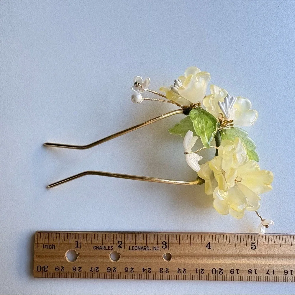 Elegant Glass Floral Bridal Hair‎ Fork – Yellow Blossom U-Shaped Kanzashi new